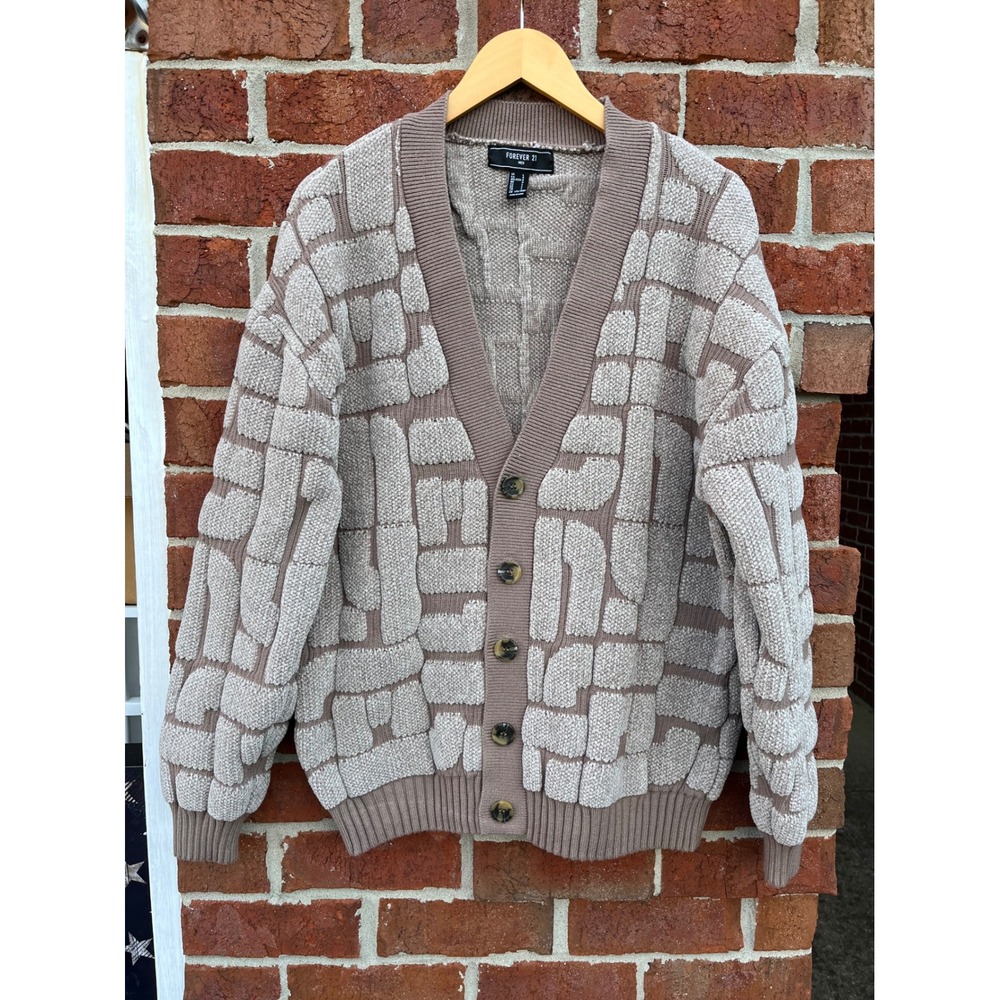 Forever 21 Men Cardigan Sweater Large Taupe Beige Textured Block Knit V-Neck